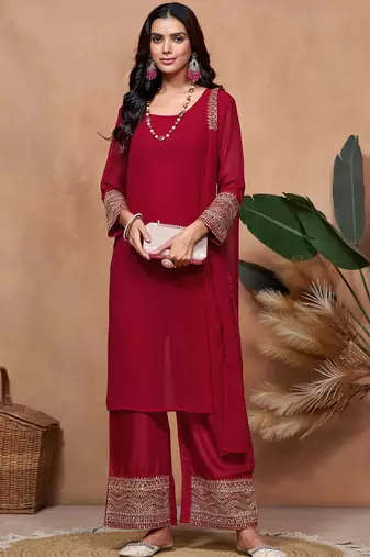 maroon georgette embroidered straight kurta palazzo and dupatta set