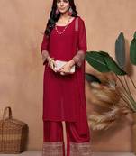 maroon georgette embroidered straight kurta palazzo and dupatta set