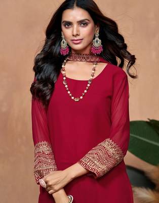 maroon georgette embroidered straight kurta palazzo and dupatta set 2