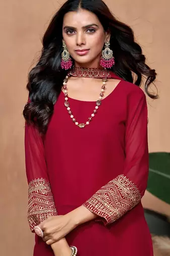 maroon georgette embroidered straight kurta palazzo and dupatta set