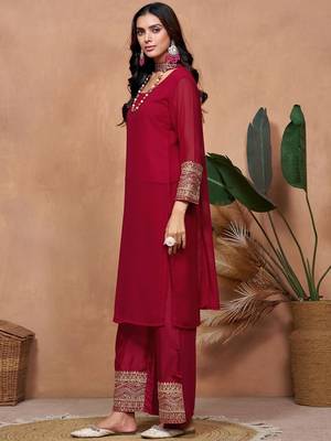 maroon georgette embroidered straight kurta palazzo and dupatta set 3