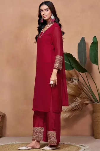 maroon georgette embroidered straight kurta palazzo and dupatta set