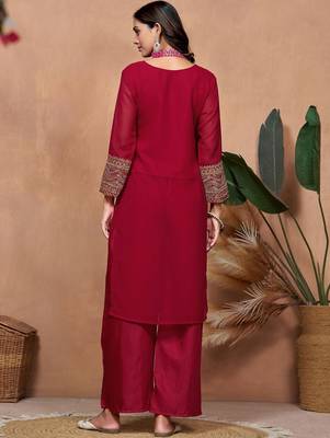 maroon georgette embroidered straight kurta palazzo and dupatta set 4