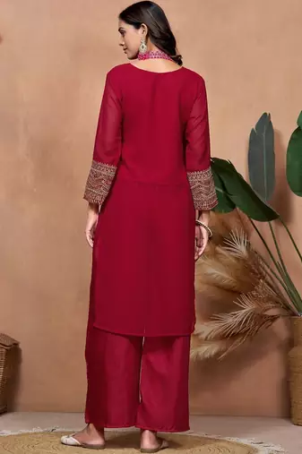 maroon georgette embroidered straight kurta palazzo and dupatta set