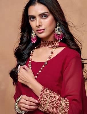 maroon georgette embroidered straight kurta palazzo and dupatta set 5
