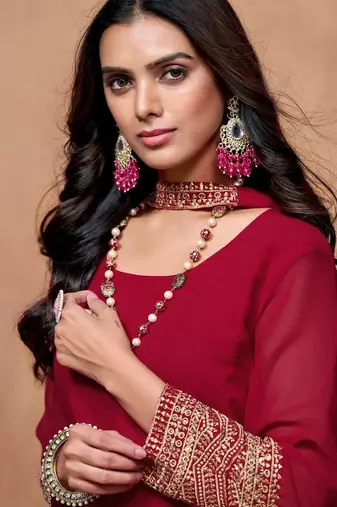 maroon georgette embroidered straight kurta palazzo and dupatta set