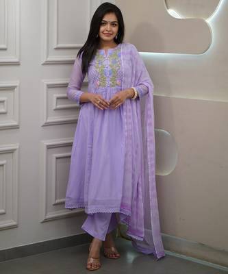 lavender georgette thread flared kurta pant and dupatta set 1