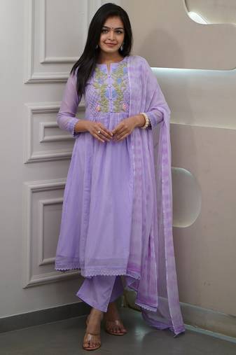 lavender georgette thread flared kurta pant and dupatta set