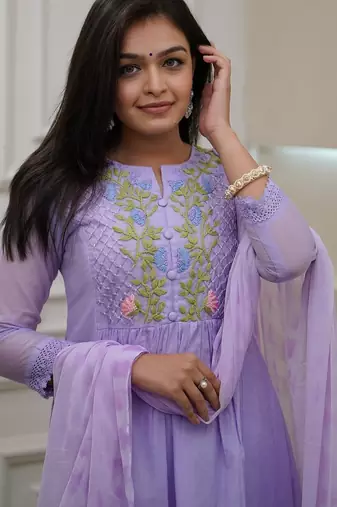 lavender georgette thread flared kurta pant and dupatta set