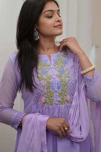 lavender georgette thread flared kurta pant and dupatta set