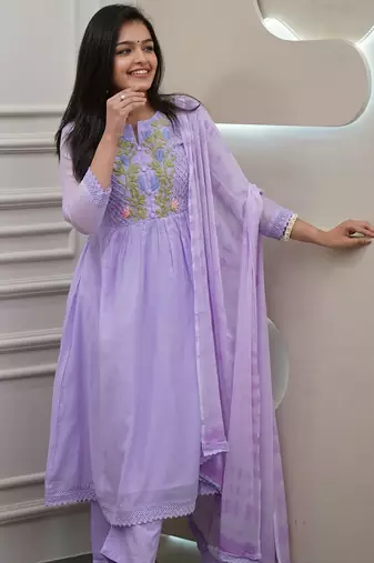 lavender georgette thread flared kurta pant and dupatta set