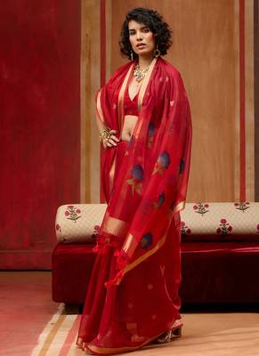 Red munga cotton handloom weaving organza weaving pallu  traditional wear saree 2