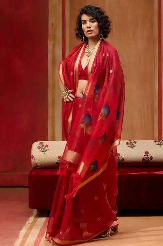 Red munga cotton handloom weaving organza weaving pallu  traditional wear saree