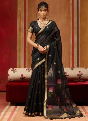Black munga cotton handloom weaving organza weaving pallu  traditional wear saree 1