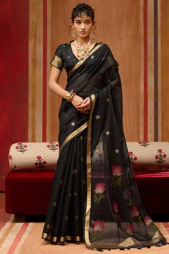 Black munga cotton handloom weaving organza weaving pallu  traditional wear saree