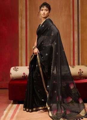 Black munga cotton handloom weaving organza weaving pallu  traditional wear saree 2