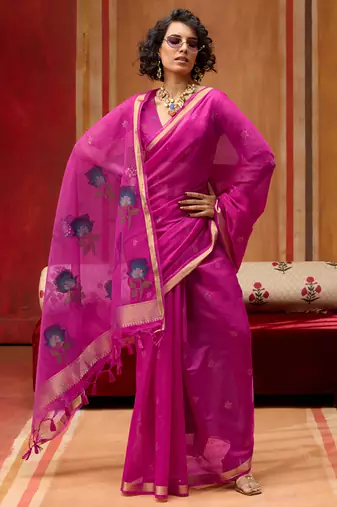 Rani pink munga cotton handloom weaving organza weaving pallu  traditional wear saree