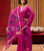 Rani pink munga cotton handloom weaving organza weaving pallu  traditional wear saree
