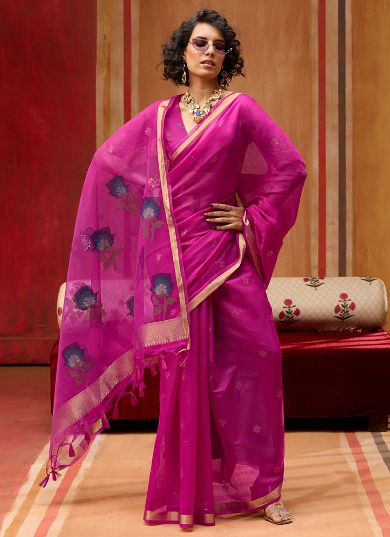 Rani pink munga cotton handloom weaving organza weaving pallu  traditional wear saree