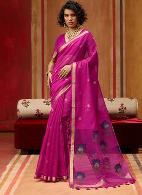 Rani pink munga cotton handloom weaving organza weaving pallu  traditional wear saree 2
