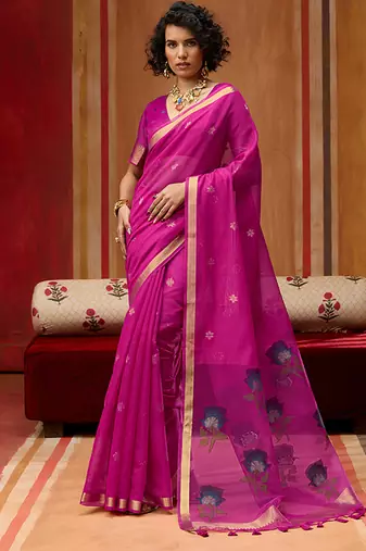 Rani pink munga cotton handloom weaving organza weaving pallu  traditional wear saree