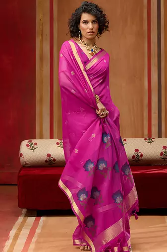 Rani pink munga cotton handloom weaving organza weaving pallu  traditional wear saree