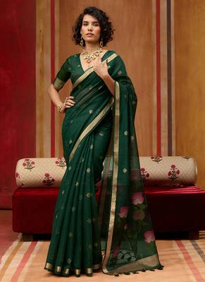Dark green munga cotton handloom weaving organza weaving pallu  traditional wear saree 1