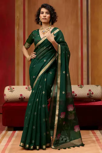 Dark green munga cotton handloom weaving organza weaving pallu  traditional wear saree