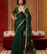 Dark green munga cotton handloom weaving organza weaving pallu  traditional wear saree