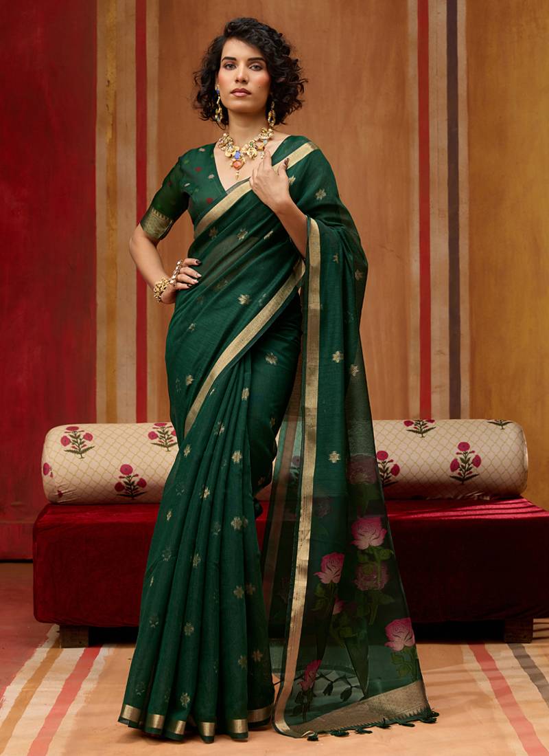 Dark green munga cotton handloom weaving organza weaving pallu  traditional wear saree