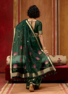 Dark green munga cotton handloom weaving organza weaving pallu  traditional wear saree 2