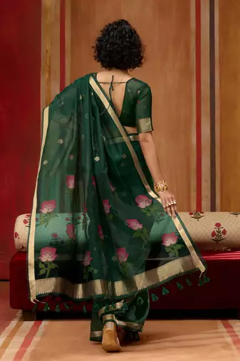 Dark green munga cotton handloom weaving organza weaving pallu  traditional wear saree