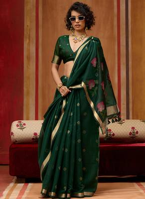 Dark green munga cotton handloom weaving organza weaving pallu  traditional wear saree 3
