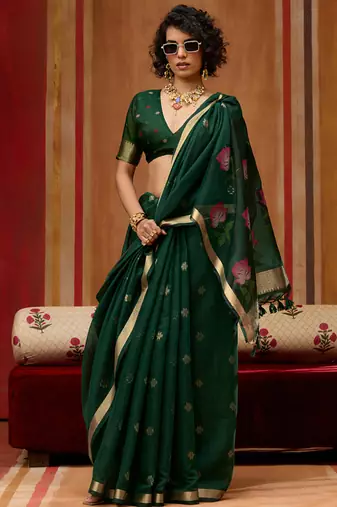 Dark green munga cotton handloom weaving organza weaving pallu  traditional wear saree