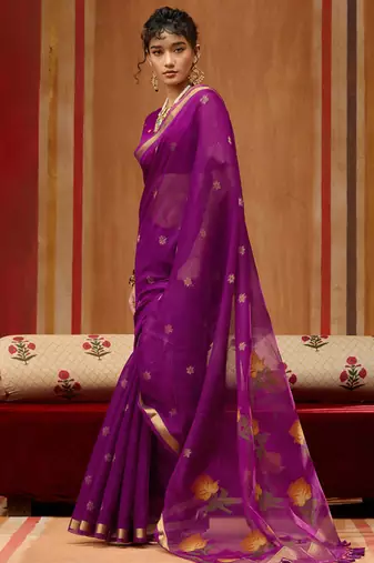 Magenta munga cotton handloom weaving organza weaving pallu  traditional wear saree