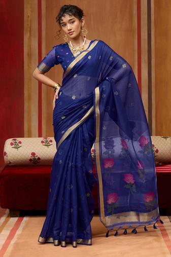 Blue munga cotton handloom weaving organza weaving pallu  traditional wear saree