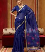 Blue munga cotton handloom weaving organza weaving pallu  traditional wear saree