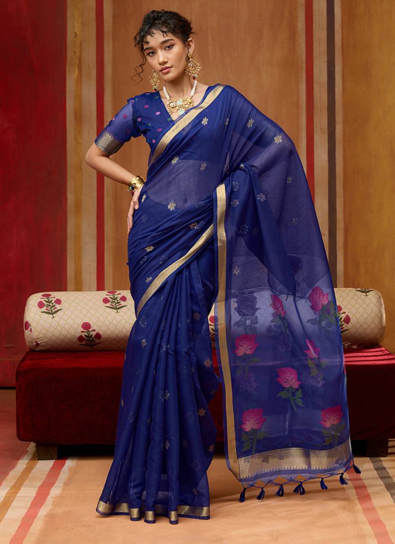 Blue munga cotton handloom weaving organza weaving pallu  traditional wear saree