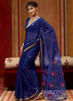 Blue munga cotton handloom weaving organza weaving pallu  traditional wear saree 2