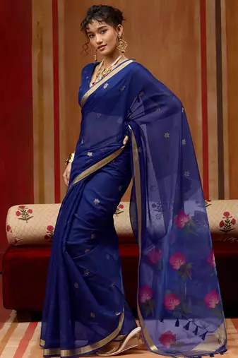Blue munga cotton handloom weaving organza weaving pallu  traditional wear saree