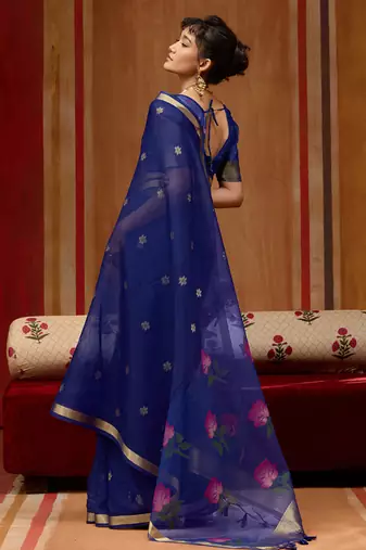 Blue munga cotton handloom weaving organza weaving pallu  traditional wear saree