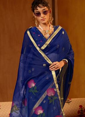 Blue munga cotton handloom weaving organza weaving pallu  traditional wear saree 4