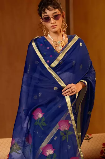 Blue munga cotton handloom weaving organza weaving pallu  traditional wear saree