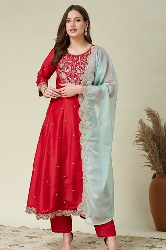 pink vichitra embroidered flared anarkali pant and dupatta set