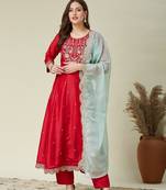 pink vichitra embroidered flared anarkali pant and dupatta set