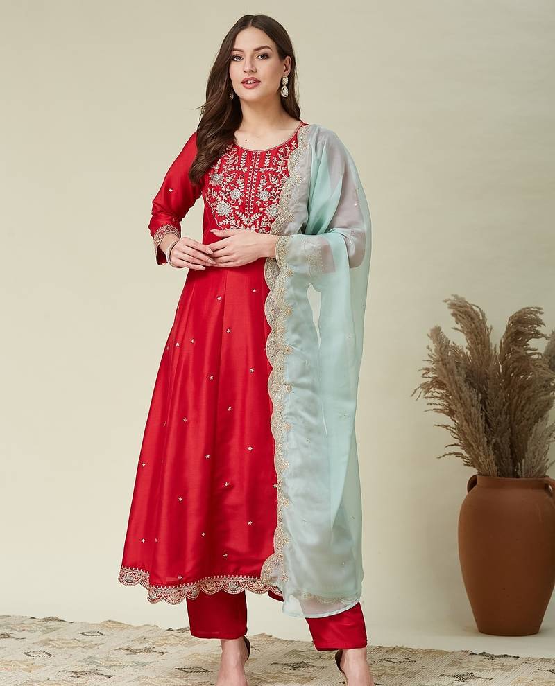 pink vichitra embroidered flared anarkali pant and dupatta set