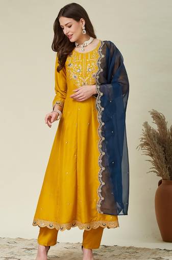 yellow vichitra embroidered flared anarkali pant and dupatta set