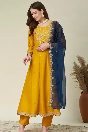 yellow vichitra embroidered flared anarkali pant and dupatta set
