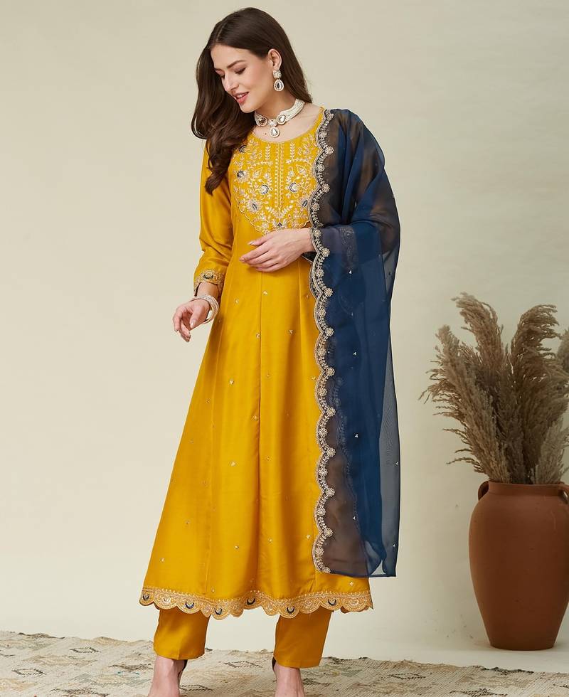 yellow vichitra embroidered flared anarkali pant and dupatta set