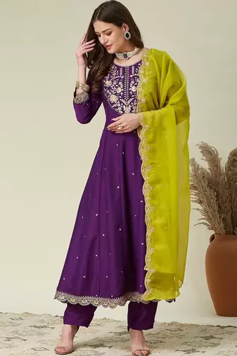 wine vichitra embroidered flared anarkali pant and dupatta set